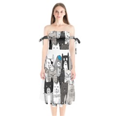 Cute Cat Hand Drawn Cartoon Style Shoulder Tie Bardot Midi Dress by Jancukart