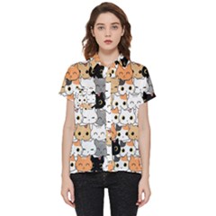 Cute-cat-kitten-cartoon-doodle-seamless-pattern Short Sleeve Pocket Shirt by Jancukart