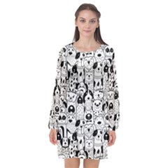 Seamless-pattern-with-black-white-doodle-dogs Long Sleeve Chiffon Shift Dress  by Jancukart