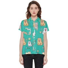 Seamless-pattern-cute-cat-cartoon-with-hand-drawn-style Short Sleeve Pocket Shirt by Jancukart