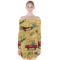 Childish-seamless-pattern-with-dino-driver Long Sleeve Off Shoulder Dress by Jancukart