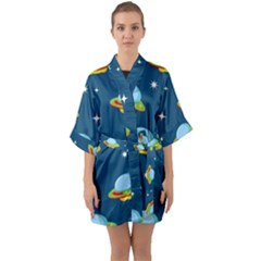 Seamless Pattern Ufo With Star Space Galaxy Background Half Sleeve Satin Kimono  by Wegoenart