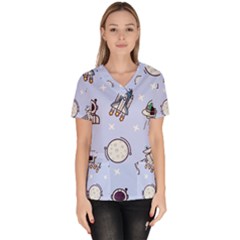 Seamless Pattern With Space Theme Women s V-neck Scrub Top by Wegoenart