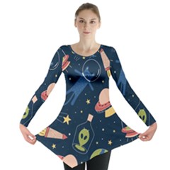 Seamless Pattern With Funny Alien Cat Galaxy Long Sleeve Tunic  by Wegoenart