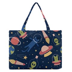 Seamless Pattern With Funny Alien Cat Galaxy Zipper Medium Tote Bag by Wegoenart