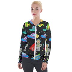 Seamless Pattern With Space Object Ufo Rocket Alien Hand Drawn Element Space Velvet Zip Up Jacket by Wegoenart