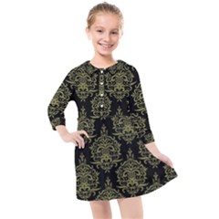 Black And Green Ornament Damask Vintage Kids  Quarter Sleeve Shirt Dress by ConteMonfrey