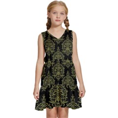 Black And Green Ornament Damask Vintage Kids  Sleeveless Tiered Mini Dress by ConteMonfrey