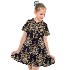 Black And Cream Ornament Damask Vintage Kids  Short Sleeve Shirt Dress by ConteMonfrey