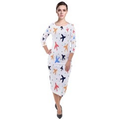 Sky Birds - Airplanes Quarter Sleeve Midi Velour Bodycon Dress by ConteMonfrey