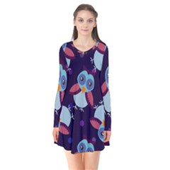 Owl Pattern Background Long Sleeve V-neck Flare Dress by Wegoenart