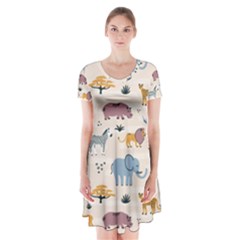 Wild-animals-seamless-pattern Short Sleeve V-neck Flare Dress by Wegoenart