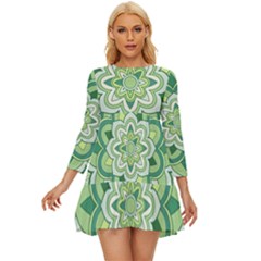 Floral-green-mandala-white Long Sleeve Babydoll Dress by Wegoenart