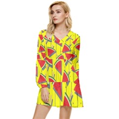 Yellow Watermelon Popsicle  Tiered Long Sleeve Mini Dress by ConteMonfrey