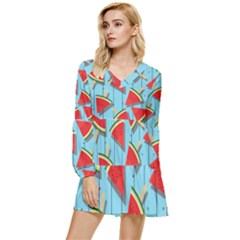 Blue Watermelon Popsicle  Tiered Long Sleeve Mini Dress by ConteMonfrey