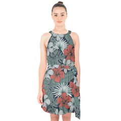 Seamless-floral-pattern-with-tropical-flowers Halter Collar Waist Tie Chiffon Dress by Wegoenart