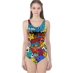 Graffiti Characters Seamless Pattern One Piece Swimsuit by Wegoenart