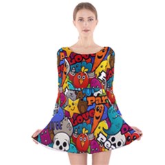 Graffiti Characters Seamless Pattern Long Sleeve Velvet Skater Dress by Wegoenart