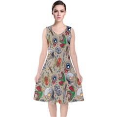 Tattoo Pattern V-neck Midi Sleeveless Dress  by Wegoenart