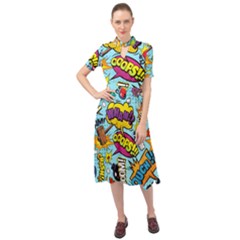 Comic Elements Colorful Seamless Pattern Keyhole Neckline Chiffon Dress by Wegoenart