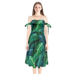 Tropical Green Leaves Background Shoulder Tie Bardot Midi Dress by Wegoenart