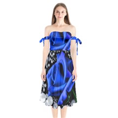 Blue Rose Bloom Blossom Shoulder Tie Bardot Midi Dress by Wegoenart