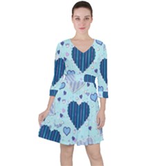 Hearts Pattern Paper Wallpaper Blue Background Quarter Sleeve Ruffle Waist Dress by Wegoenart