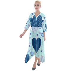 Hearts Pattern Paper Wallpaper Blue Background Quarter Sleeve Wrap Front Maxi Dress by Wegoenart