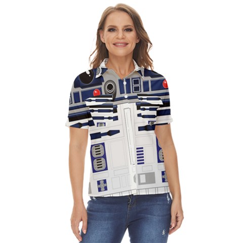 Robot R2d2 R2 D2 Pattern Women s Short Sleeve Double Pocket Shirt by Jancukart