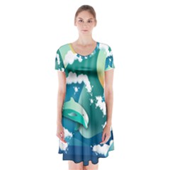 Dolphin Seagull Sea Ocean Wave Short Sleeve V-neck Flare Dress by Wegoenart