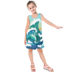 Dolphin Seagull Sea Ocean Wave Kids  Sleeveless Dress by Wegoenart