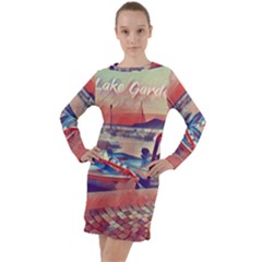 Boats On Lake Garda Long Sleeve Hoodie Dress by ConteMonfrey