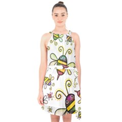 Bee Doodle Cartoon Halter Collar Waist Tie Chiffon Dress by Wegoenart