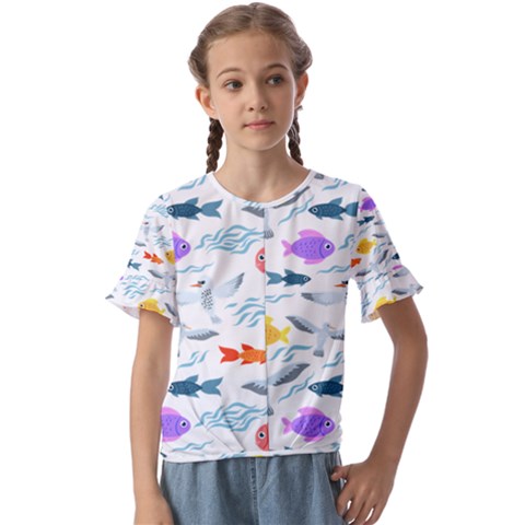 Animal Fish Bird Animals Ocean Pattern Kids  Cuff Sleeve Scrunch Bottom Tee by Jancukart