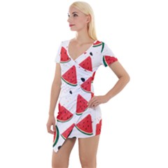 Watermelon Seamless Pattern Short Sleeve Asymmetric Mini Dress by Jancukart