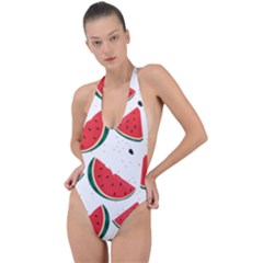 Watermelon Seamless Pattern Backless Halter One Piece Swimsuit by Jancukart