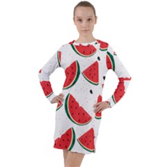 Watermelon Seamless Pattern Long Sleeve Hoodie Dress by Jancukart