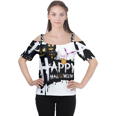 Happy Halloween Cutout Shoulder Tee by Jancukart