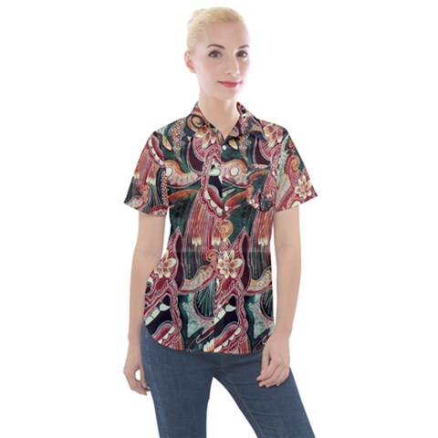 Indonesia Bali Batik Fabric Impression Patterns Women s Short Sleeve Pocket Shirt by danenraven