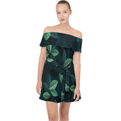 Leaves Pattern Off Shoulder Chiffon Dress by artworkshop