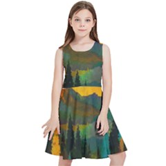 Trees Mountains Sun Sunrise Warm Red Yellow Kids  Skater Dress by danenraven