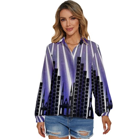 Superhero City Background Women s Long Sleeve Button Down Shirt by artworkshop