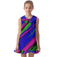 Diagonal Green Blue Purple And Black Abstract Art Kids  Pilgrim Collar Ruffle Hem Dress by KorokStudios