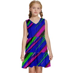 Diagonal Green Blue Purple And Black Abstract Art Kids  Sleeveless Tiered Mini Dress by KorokStudios