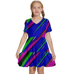 Diagonal Green Blue Purple And Black Abstract Art Kids  Short Sleeve Tiered Mini Dress by KorokStudios