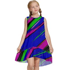 Diagonal Green Blue Purple And Black Abstract Art Kids  Frill Swing Dress by KorokStudios