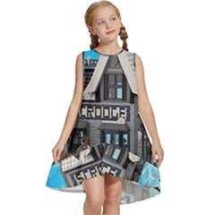 Winter Village Snow Brick Buildings Kids  Frill Swing Dress by artworkshop