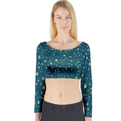 Star Golden Pattern Christmas Design White Gold Long Sleeve Crop Top by Ravend