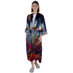 Astronaut Universe Planting Flowers Cosmos Galaxy Maxi Satin Kimono by Pakemis