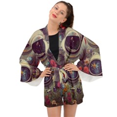 Astronaut Universe Planting Flowers Cosmos Art Long Sleeve Kimono by Pakemis